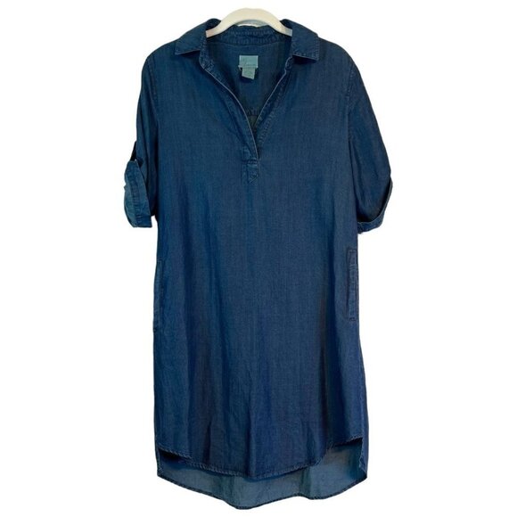 Andrea Jovine Chambray Shirt Dress Size Small Collared V Neck Pockets Roll Tab - Picture 1 of 9